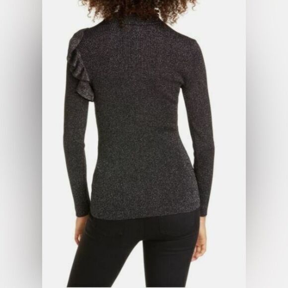 Ted Baker Addale Silver Metallic Black Rib Knit Sweater Ruffle SZ 1 /US 4 NWOT - Picture 2 of 9